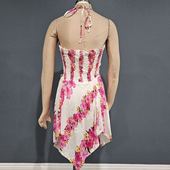 Nwt HULA HULA Hawaiian White Floral Smock Handkerchief Hem Mini Dress OSFM - Picture 6 of 10